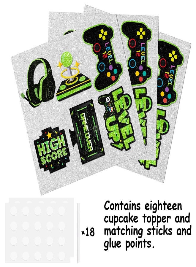 LETLIMIT 18pcs Green Glitter Dessert Cupcake Topper Play Gaming Game Console Theme Decor Supplies Men Women Happy Birthday Party Decoration - Image 3