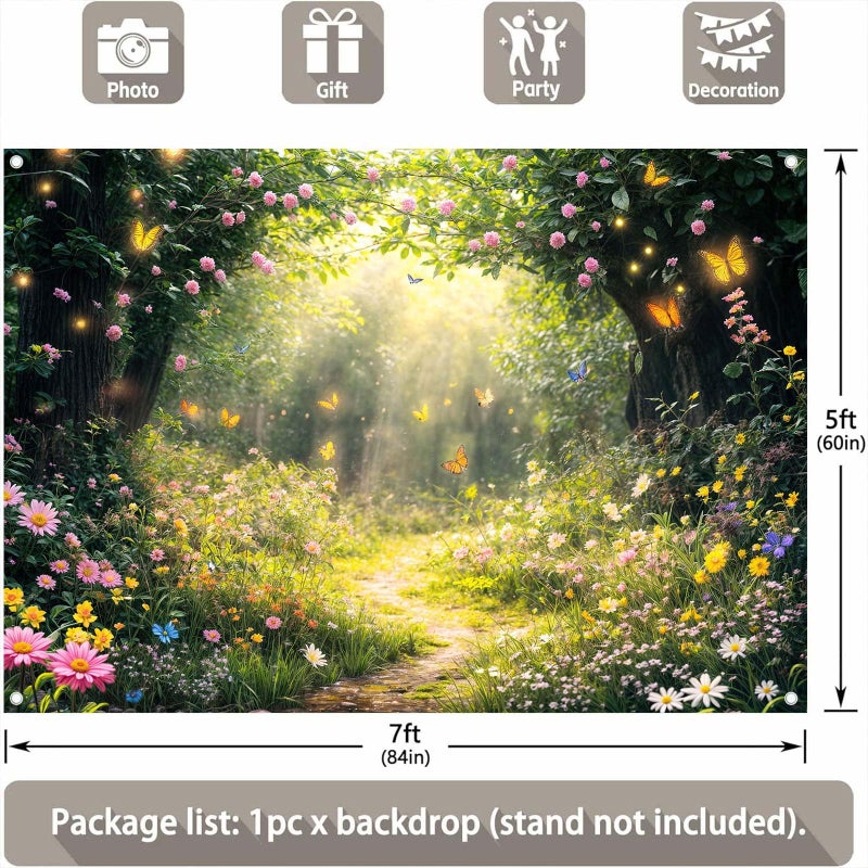 Lacoiime 7 x 5 ft Enchanted Forest Backdrop Photograph Fairy Tale Garden Background Floral Flower Butterfly Kids Girl Baby Shower Magic Wonderland Party Banner Decoration Spring Photo Booth Props - Image 2