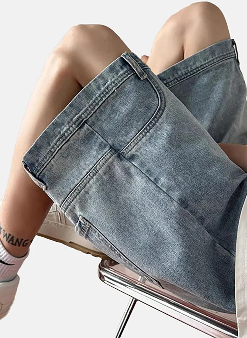 يونيكي Blue Mid Rise Soild Relaxed Fit Shorts
