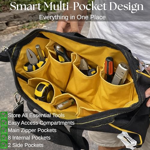 PAHAL 14 Inch Heavy Duty Nylon Tool Bag Waterproof | Electrician, Plumber, Technician Tool Organizer | Multi Pocket Durable Tool Storage Bag with Shoulder Strap (Yellow, Medium) - Image 4