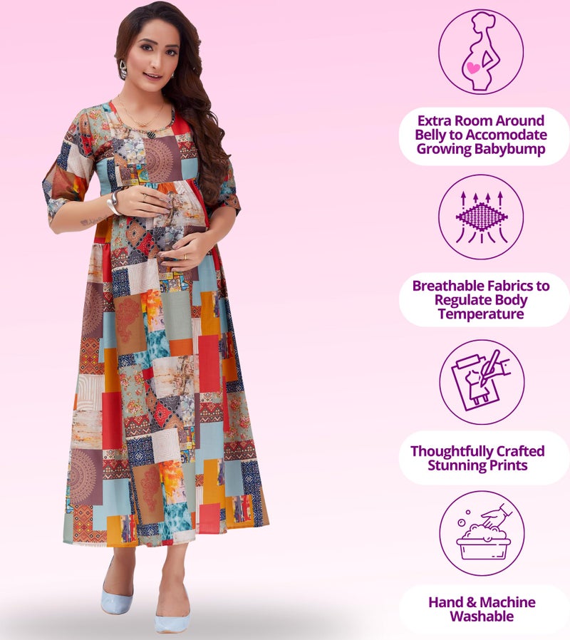 RITIJYA Feeding Kurtis for Women with Zip | Relaxed Fit Maternity Gown Pregnancy Dress for Nursing Mothers | Viscose Rayon | Maternity Wear Feeding Dress Tops (Large,Multi Colour, 9016_40) - Image 3