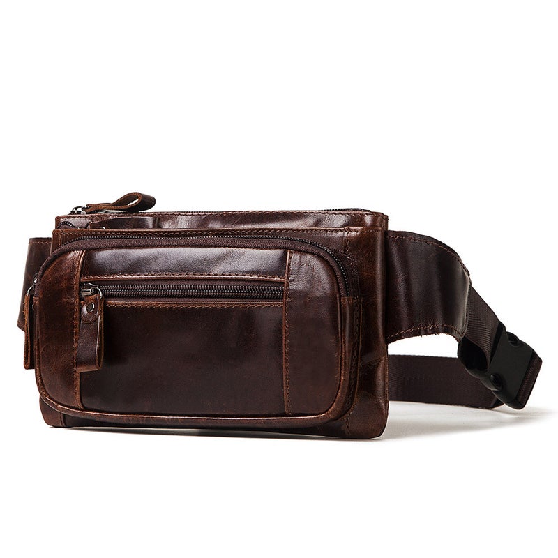 Genuine Leather Mens Waist Bag Retro Multi-function Chest Pack Brown (no logo) 