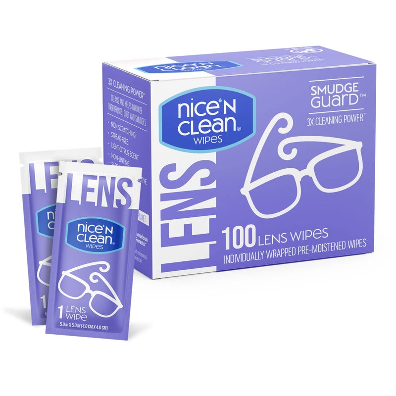 Nice 'n Clean SmudgeGuard Lens Cleaning Wipes (100 Total Wipes) | Pre-Moistened Individually Wrapped Wipes | Non-Scratching & Non-Streaking | Safe for Eyeglasses, Goggles, & Camera Lens - Image 1