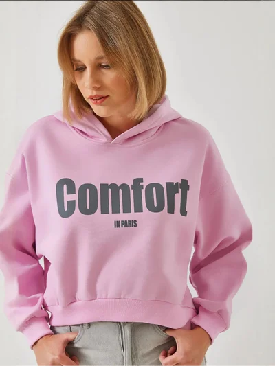 Bianco Lucci LUCCI Hooded Oversized Crop Sweatshirt with Pompom