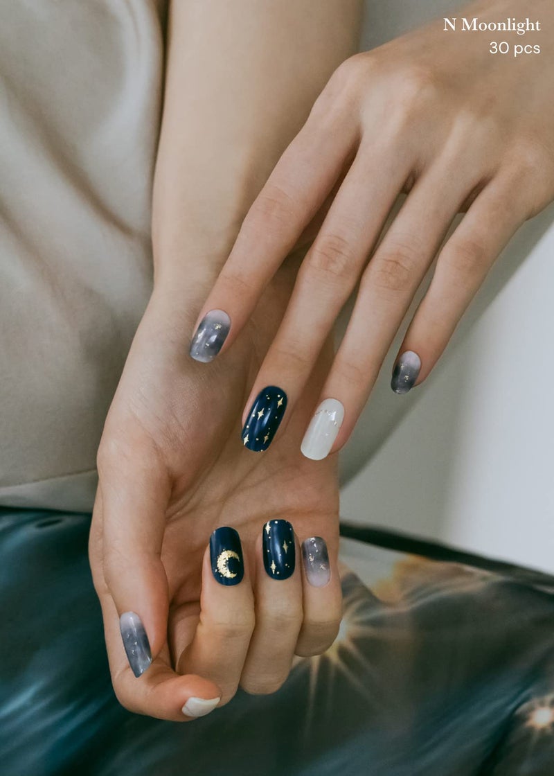 ohora Semi Cured Gel Nail Strips (N Moonlight) - Dark, Patterned, Works with Any UV/LED Lamps, Salon-Quality, Long Lasting, Easy to Apply & Remove - Includes 2 Prep Pads, Nail File & Wooden Stick - Image 4