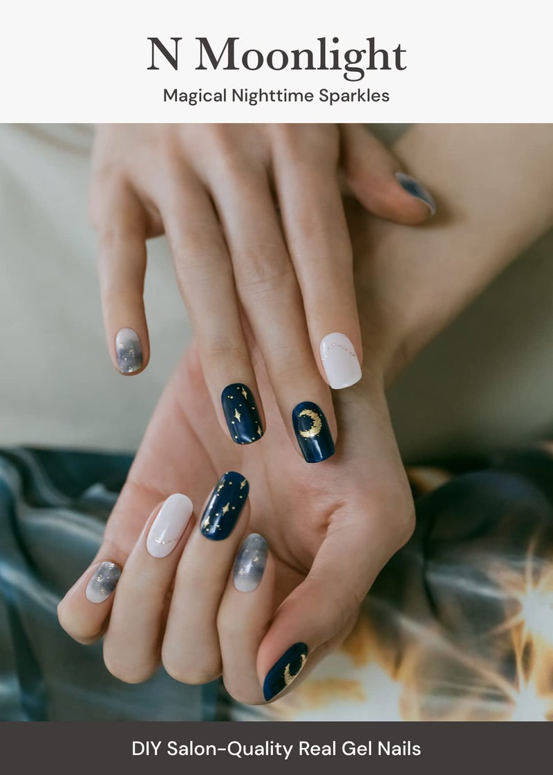 ohora Semi Cured Gel Nail Strips (N Moonlight) - Dark, Patterned, Works with Any UV/LED Lamps, Salon-Quality, Long Lasting, Easy to Apply & Remove - Includes 2 Prep Pads, Nail File & Wooden Stick - Image 2