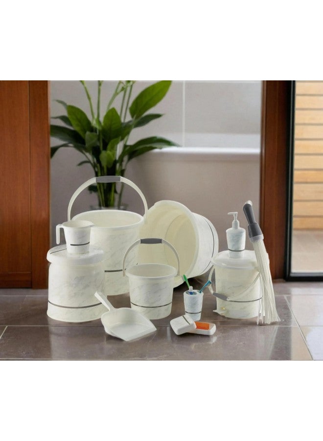 Nabhya Plastic Orry 11 Pc Luxurious Complete Bathroom Set & Accessory For Home, Kitchen & Bathroom Set Includes 20 L Bucket, 18 L Tub, Big Stool, Dustbin, And More With Granite Finish (White) - Image 1