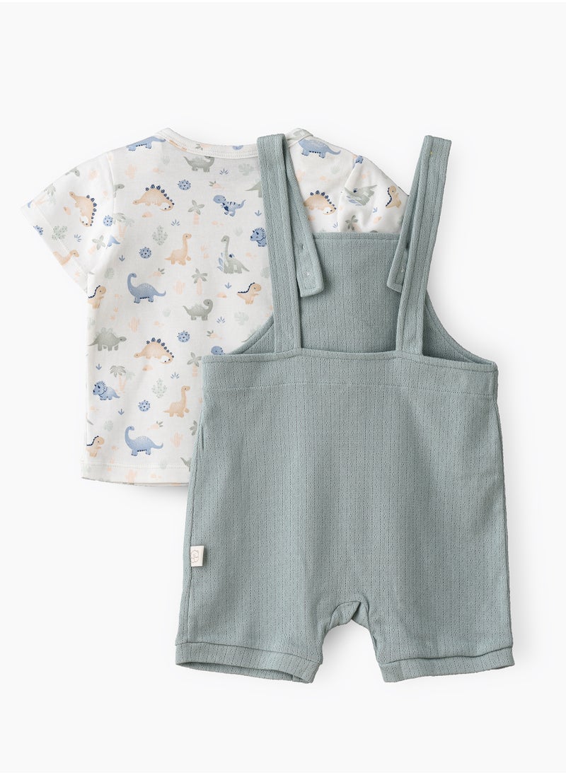 Elegant Kids - Boys' Dinosaur Print T-Shirt & Green Embroidered Romper Set - Image 1