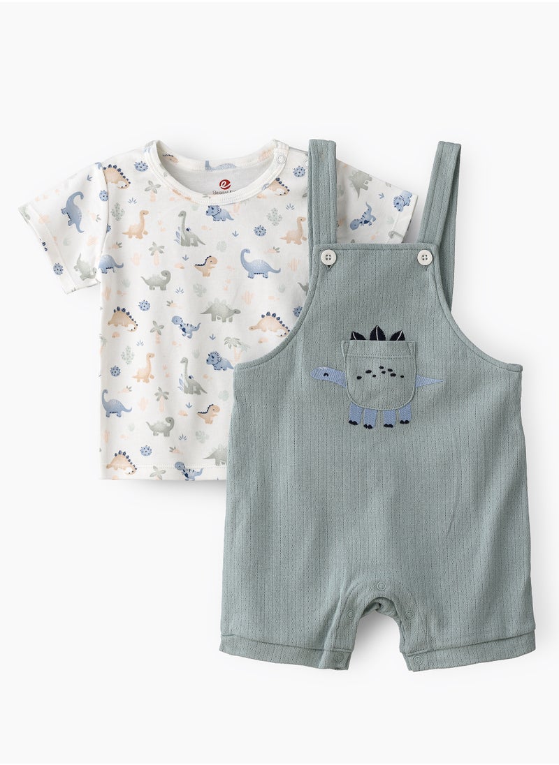 Elegant Kids - Boys' Dinosaur Print T-Shirt & Green Embroidered Romper Set - Image 1