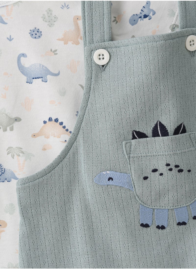 Elegant Kids - Boys' Dinosaur Print T-Shirt & Green Embroidered Romper Set - Image 1