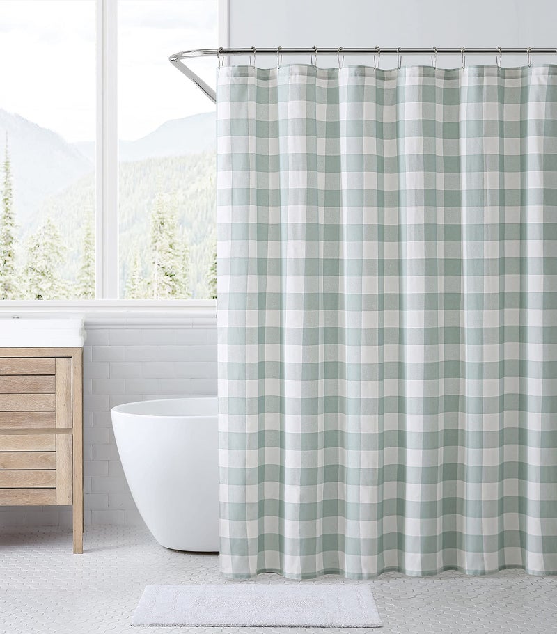 Eddie Bauer Eddie Bauer  Shower Curtain Lightweight Cotton Bathroom Decor Buttonhole Top Cabin Plaid Green 72 x 72 