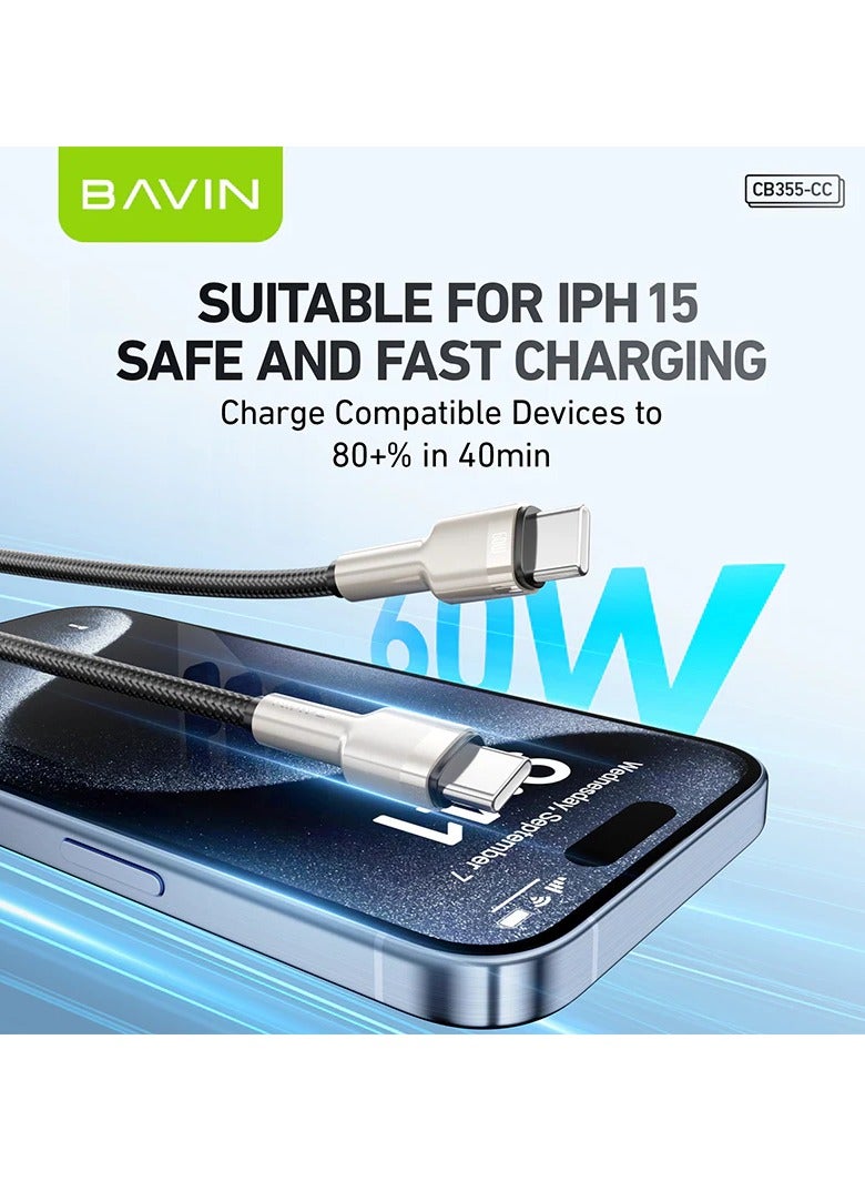 Bavin CB275 Power 60W Fast Charging Data Cable Smart Chip & Durable Braided Cable ForType-C120 CM Black - Image 3