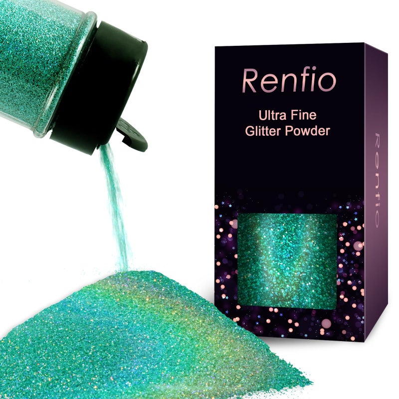 Renfio Holographic Ultra Fine Glitter Powder Metallic Resin Glitter 2.11 Oz (60g) PET Flakes Crafts Sequins 1/128" 0.008" 0.2mm Epoxy Chips Flakes for Tumblers Slime - Laser Mint Blue - Image 1