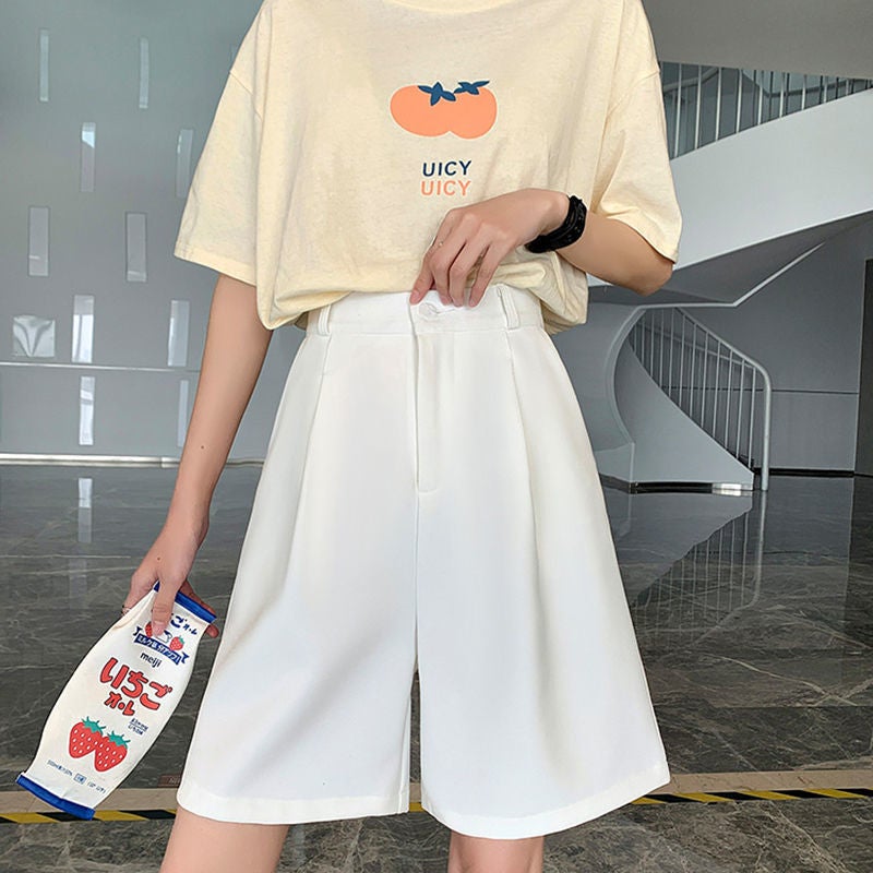 Suit Shorts Womens Summer Thin 2021 New High Waist Loose Wide Leg Straight Hong Kong Style Casual Pants Pants White - Image 1