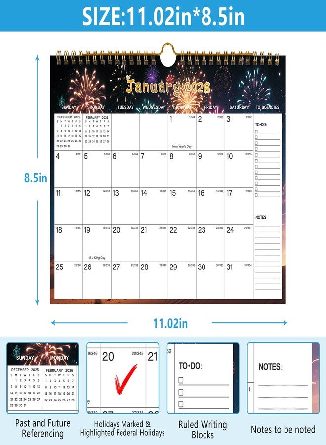 HJCTOY 2026-2027 Wall Calendar - Includes January 2026 to June 2027, 18-Month Paper Wall Calendar 11 x 8.5 Inches.Thick Paper with Julian Dates and Block for New Year and Christmas Holidays To-dos ＆ Notes (H) - Image 4