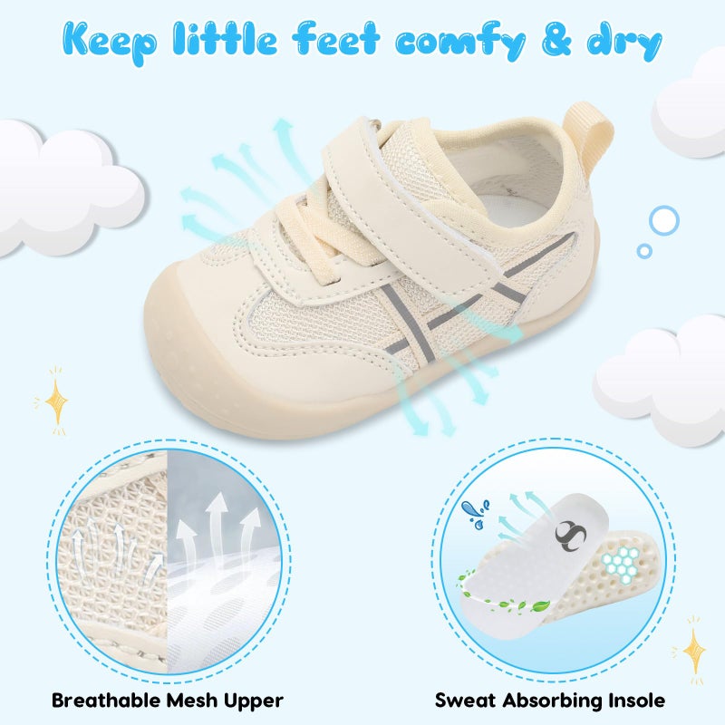 Scurtain Toddler Shoes Baby Boy Girl First Walking Shoe Infant Crib Breathable Summer Spring Sneakers Lightweight Barefoot Walking Shoes for Babies Beige Size 18-24 Months - Image 5