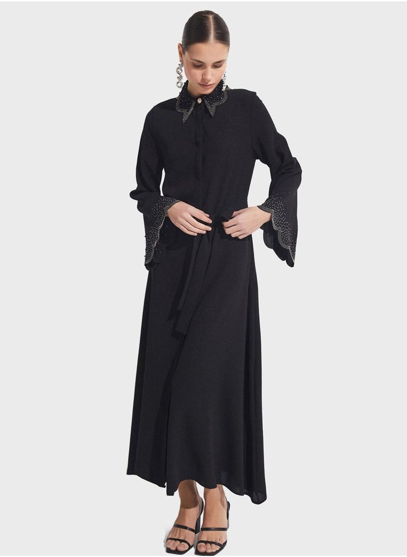 جون فستان أسود طويل بتصميم القميص - Image 5
