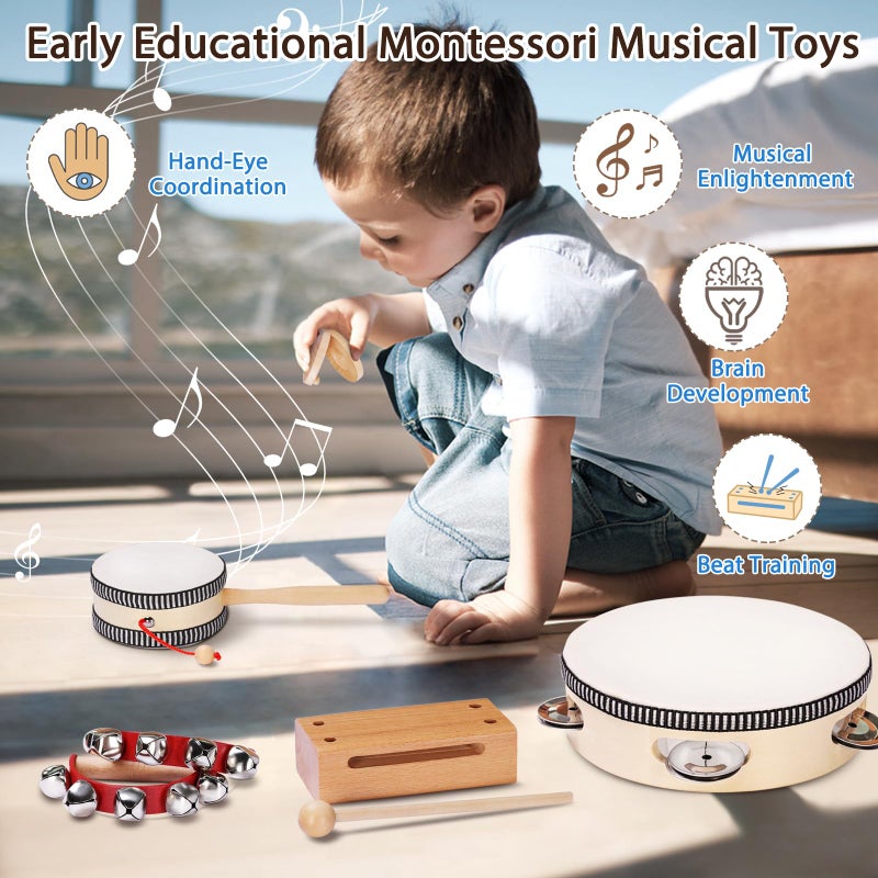 LOOIKOOS Montessori Natural Wooden Musical Instruments Set for Toddlers Preschool Educational Percussion Toys with Storage Bag, Safe Early Learning Toys for Boys Girls (3+) - Image 5