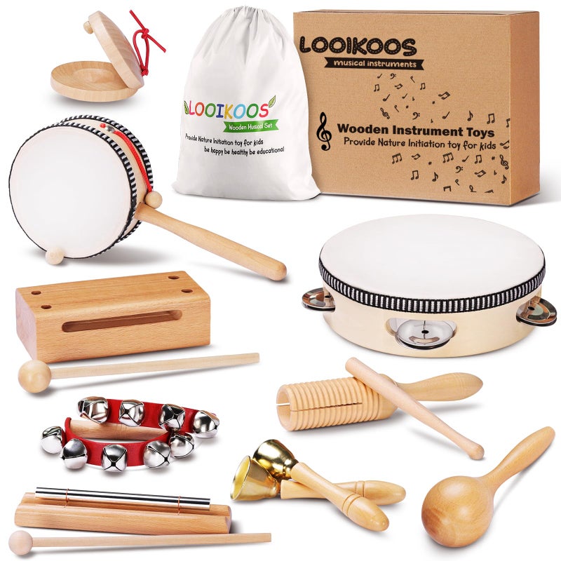 LOOIKOOS Montessori Natural Wooden Musical Instruments Set for Toddlers Preschool Educational Percussion Toys with Storage Bag, Safe Early Learning Toys for Boys Girls (3+) - Image 1
