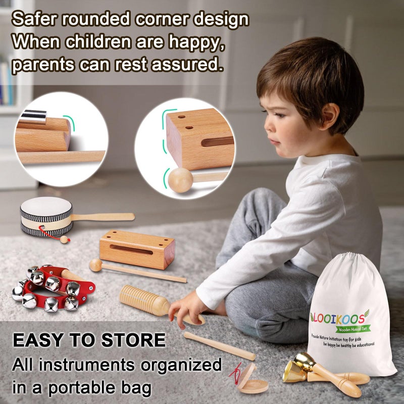 LOOIKOOS Montessori Natural Wooden Musical Instruments Set for Toddlers Preschool Educational Percussion Toys with Storage Bag, Safe Early Learning Toys for Boys Girls (3+) - Image 3
