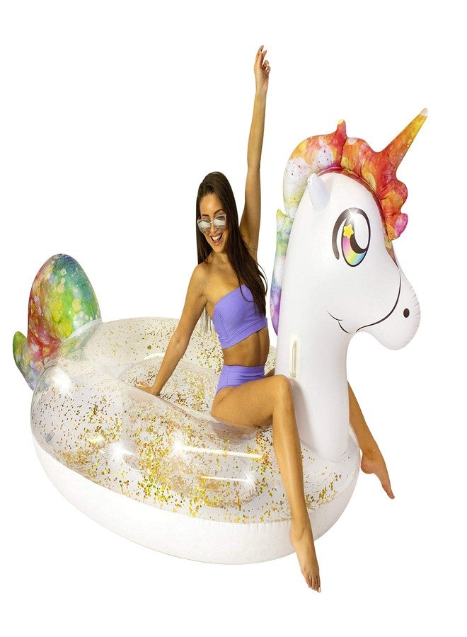 Poolcandy Gigantic Inflatable 2 to 3 Person Pool, Beach, and Lake Swim rafts (Gigantic 2 to 3 Person Gold Glitter Unicorn) - Image 1