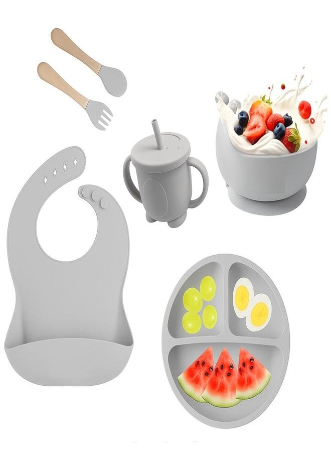 VADHVALA ENTERPRISE 6PCS Silicone Baby Feeding Set – Suction Plate, Bowl, Bib, Spoon, Fork, Cup – BPA-Free, Non-Toxic, Microwave & Dishwasher Safe for Toddlers 6+ Months (Grey) (Grey) - Image 1