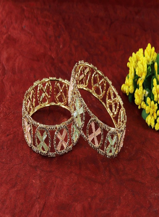 LAVAZZA Premium American Diamond & CZ Alloy Metal Bracelet for Women & Girls | Golden Bangle Set | AD Stone Kada | Fancy Girl's Bangles (RKM11-MIntPink-2.6) - Image 4