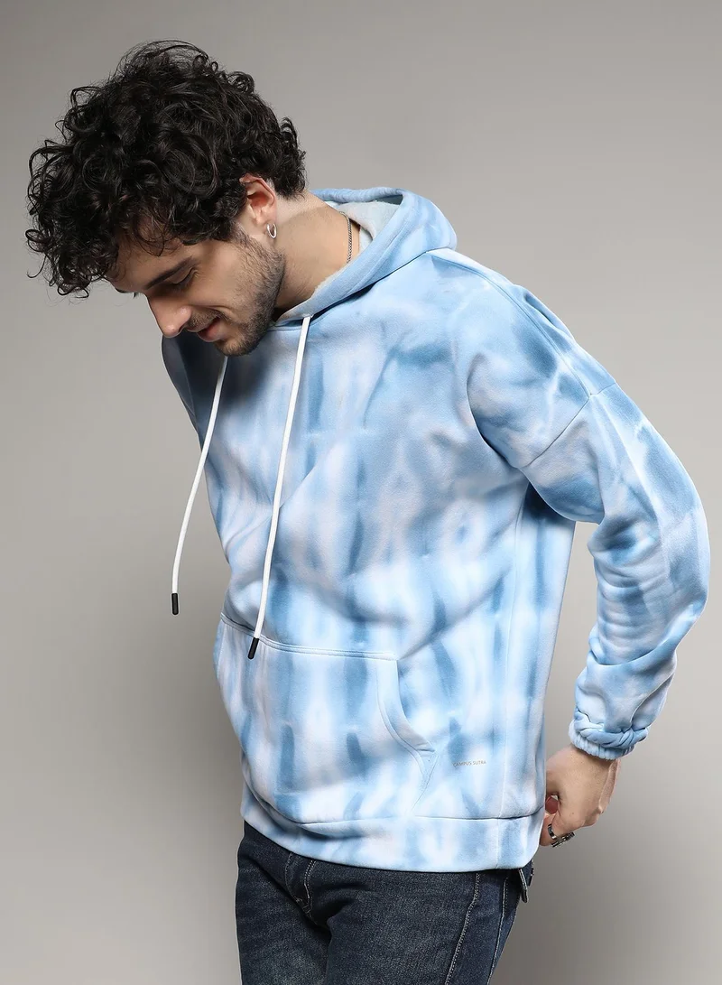 Campus Sutra Men's White & Blue Tie Dye Hoodie With Kangaroo Pocket