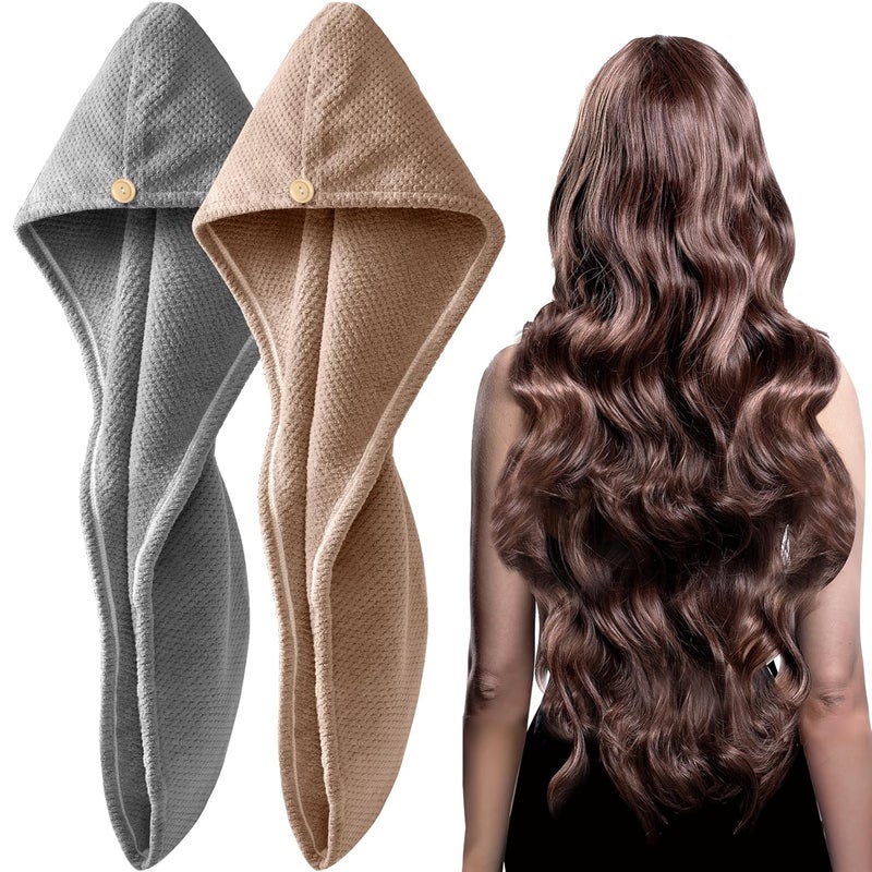 YFONG 2 Pack Large Microfiber Hair Towel Wrap for Women Thicken Super Absorbent Quick Dry Hair Turban for Drying Curly Long Thick Hair Anti Frizz Hair Drying Towel with Button for Wet Hair