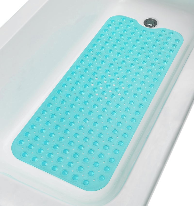 Tike Smart ExtraLong NonSlip Bathtub Shower Mat 39x16 SmoothNonTextured Tubs Only Safe Clean MachineWashable Superior GripDrainage Vinyl Transparent Turquoise GreenBlue