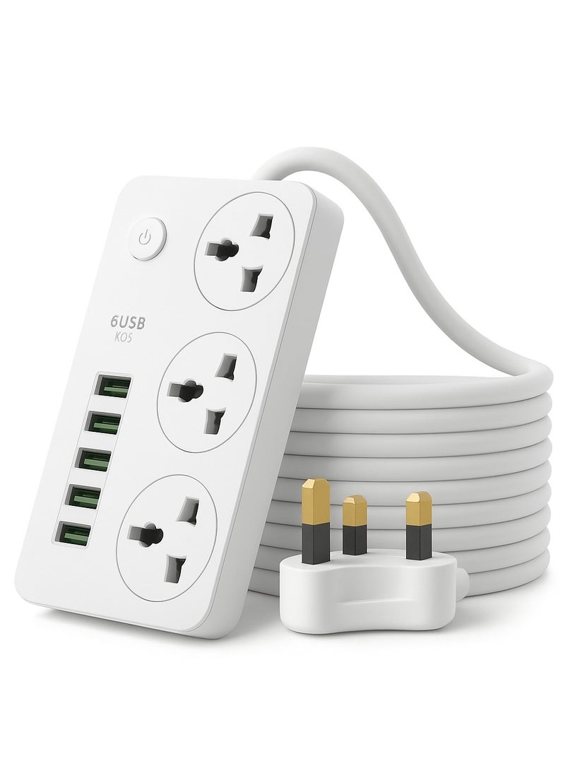 نقطة التسوق أسلاك تمديد لشرائط الطاقة ثلاثية الاتجاهات | محول تمديد بستة منافذ شحن USB | شريط طاقة بثلاثة مقابس عالمية مع كابل تمديد للحماية من زيادة التيار بطول مترين، لون أبيض - Image 1