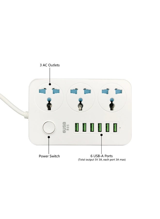 نقطة التسوق أسلاك تمديد لشرائط الطاقة ثلاثية الاتجاهات | محول تمديد بستة منافذ شحن USB | شريط طاقة بثلاثة مقابس عالمية مع كابل تمديد للحماية من زيادة التيار بطول مترين، لون أبيض - Image 3