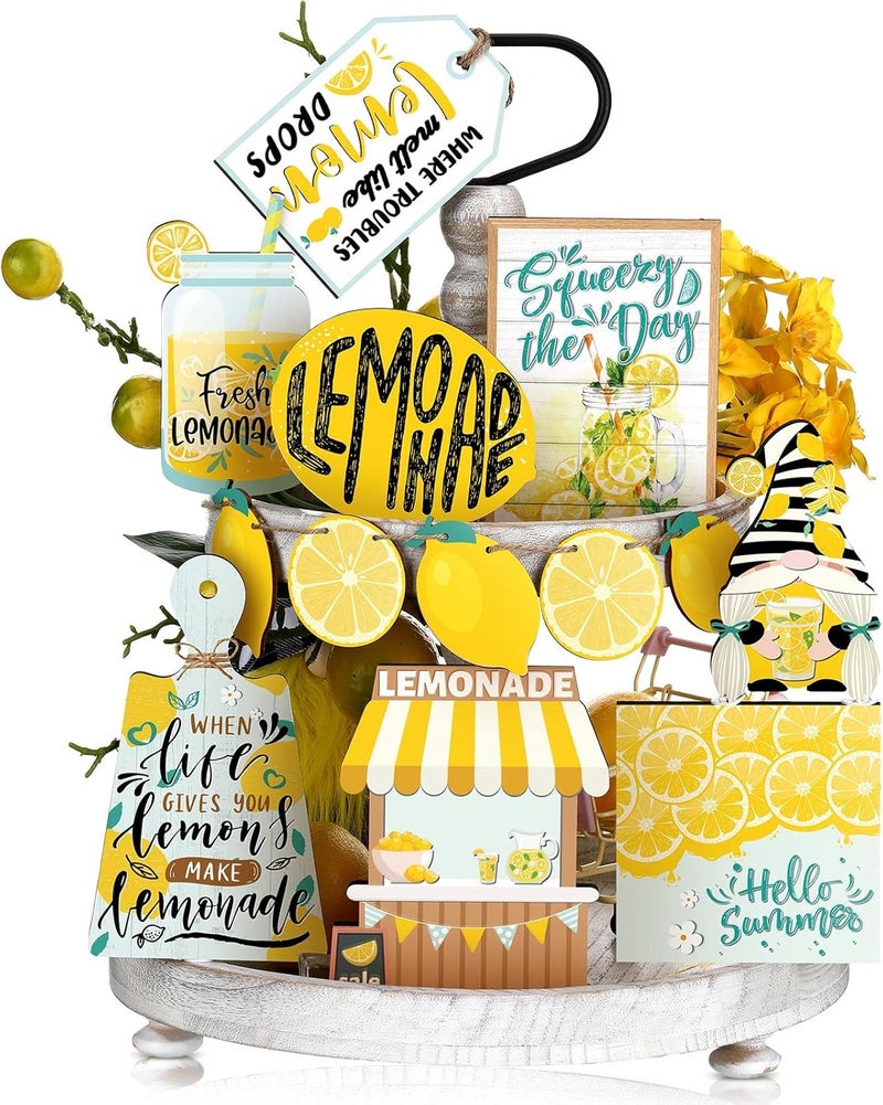 Qunclay 13 Pcs Lemon Tiered Tray Decor Lemon Decorations for Kitchen Summer Lemonade Wooden Signs Rustic Farmhouse Decorative Trays for Home Kitchen Summer Party Decor - Image 1
