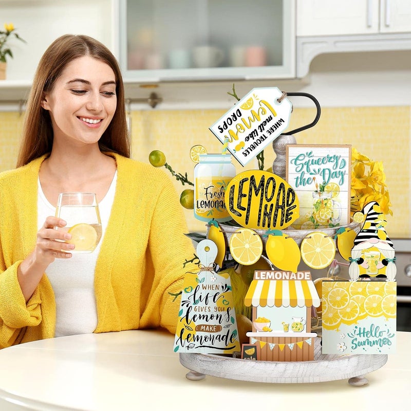 Qunclay 13 Pcs Lemon Tiered Tray Decor Lemon Decorations for Kitchen Summer Lemonade Wooden Signs Rustic Farmhouse Decorative Trays for Home Kitchen Summer Party Decor - Image 5