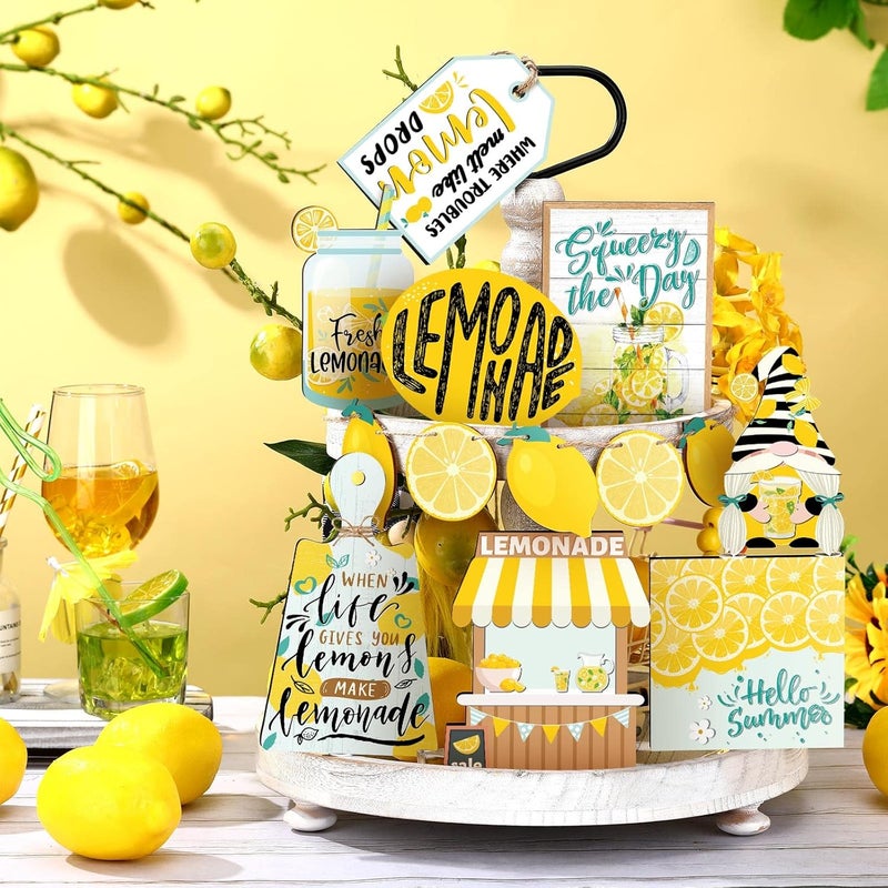 Qunclay 13 Pcs Lemon Tiered Tray Decor Lemon Decorations for Kitchen Summer Lemonade Wooden Signs Rustic Farmhouse Decorative Trays for Home Kitchen Summer Party Decor - Image 4