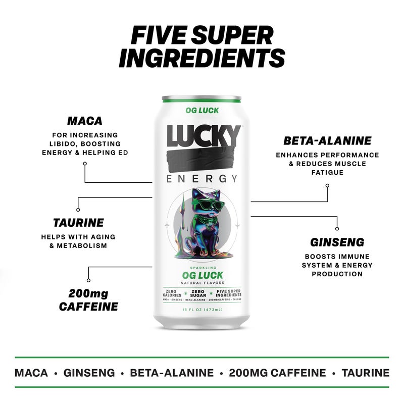 Lucky Energy Sugar Free Energy Drinks, OG Luck, 16oz Cans (12-Pack) Healthy, Zero Sugar Energy Drink with Maca, Ginseng, Beta-Alanine, Taurine & 200mg Caffeine - Image 3