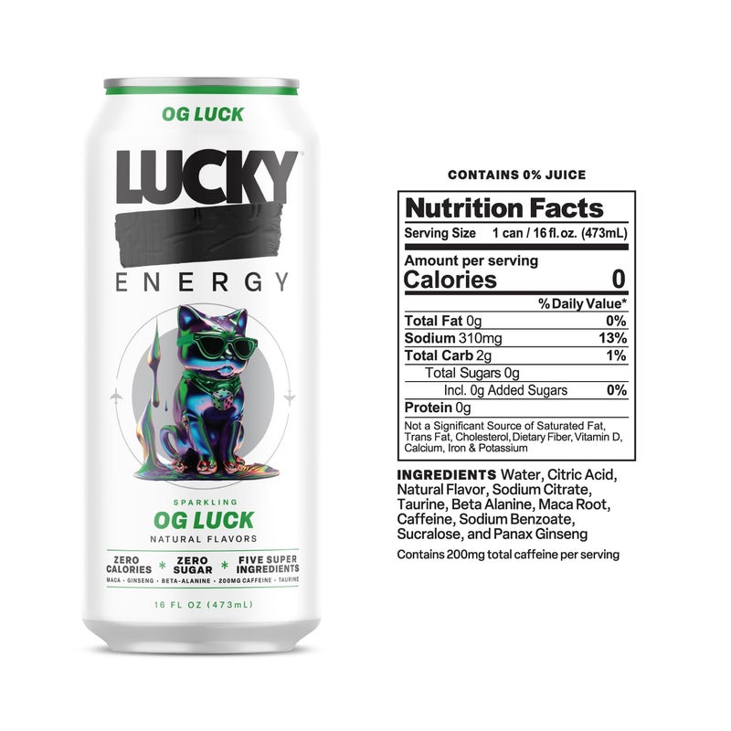 Lucky Energy Sugar Free Energy Drinks, OG Luck, 16oz Cans (12-Pack) Healthy, Zero Sugar Energy Drink with Maca, Ginseng, Beta-Alanine, Taurine & 200mg Caffeine - Image 2