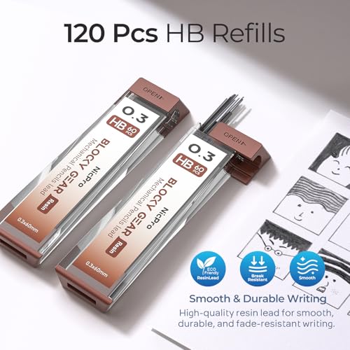 Nicpro مجموعة أقلام رصاص ميكانيكية Nicpro Blocky Gear 0.3 مم في علبة، قلم معدني مع إعادة تعبئة الرصاص، ممحاة للاستخدام الاحترافي والفني للكتابة والرسم والتخطيط. - Image 3