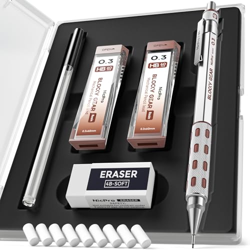 Nicpro مجموعة أقلام رصاص ميكانيكية Nicpro Blocky Gear 0.3 مم في علبة، قلم معدني مع إعادة تعبئة الرصاص، ممحاة للاستخدام الاحترافي والفني للكتابة والرسم والتخطيط. - Image 1