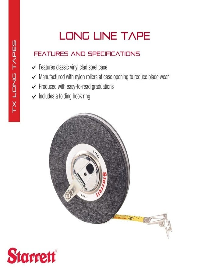 Starrett Closed Reel Long Line Tape with Nylon Rollers, Rewind Mechanism, and Folding Hook Ring - 100' Length, 3/8" Width, 1/8" Graduation, L1 Graduation Style Number - 530-100 - Image 2