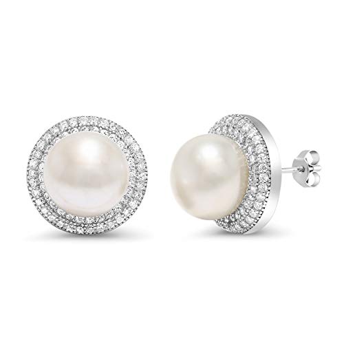 Gem Stone King 925 Sterling Silver 9MM Cultured Freshwater Pearl Button Stud Earrings For Women | Fine Jewelry Gifts for Her Mom Women Wife - Image 1