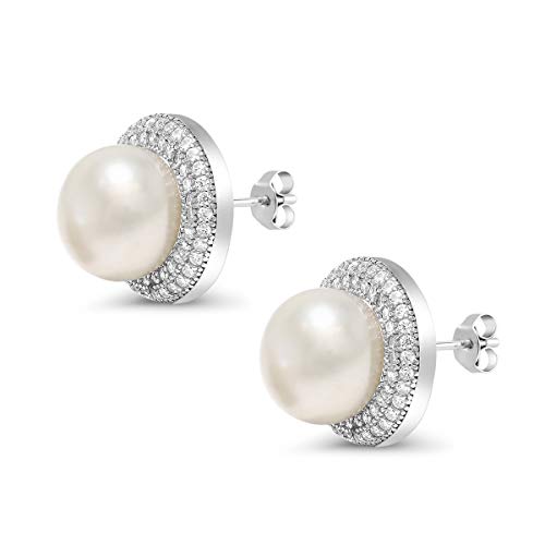 Gem Stone King 925 Sterling Silver 9MM Cultured Freshwater Pearl Button Stud Earrings For Women | Fine Jewelry Gifts for Her Mom Women Wife - Image 3