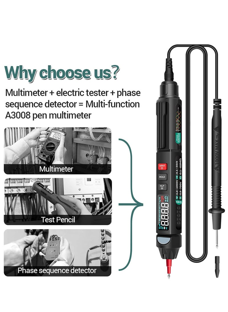 A3008 Pen Multimeter 6000 Counts Digital Multimeter Meter Tester with LCD Display Backlight Flashlight NCV Auto-off Multiple Accessories for Voltage Current Resistance Capacitance Diode  - Image 4