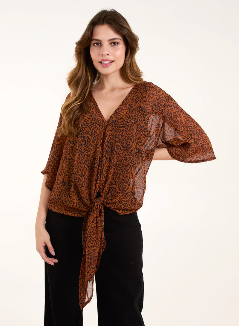 Blue Vanilla Tie Front V Neck Blouse