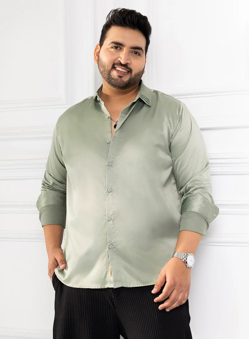 Instafab Plus Instafab Plus Men's Sage Green Solid Satin Shirt For Casual Wear | Spread Collar | Long Cuffed Sleeves | Button Closure | Plus Size Shirt Crafted With Comfort Fit For Everyday Wear