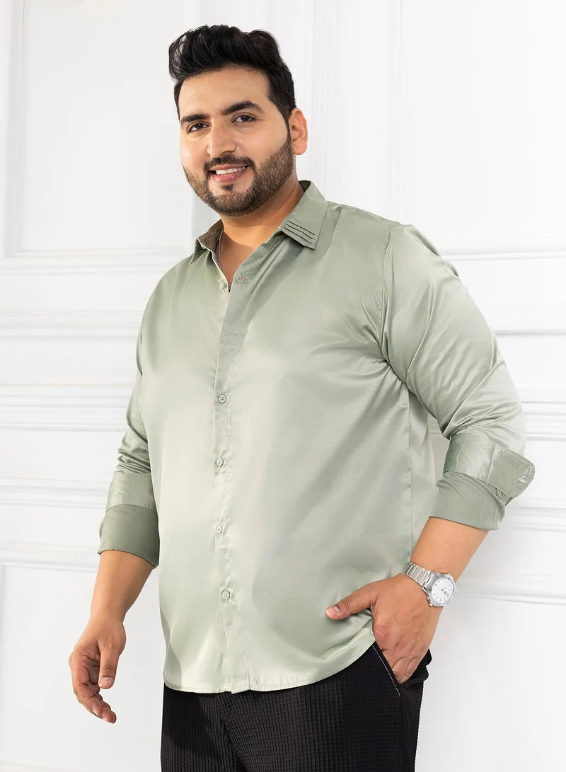Instafab Plus  Instafab Plus Men's Sage Green Solid Satin Shirt For Casual Wear | Spread Collar | Long Cuffed Sleeves | Button Closure | Plus Size Shirt Crafted With Comfort Fit For Everyday Wear for Men | Best Price UAE