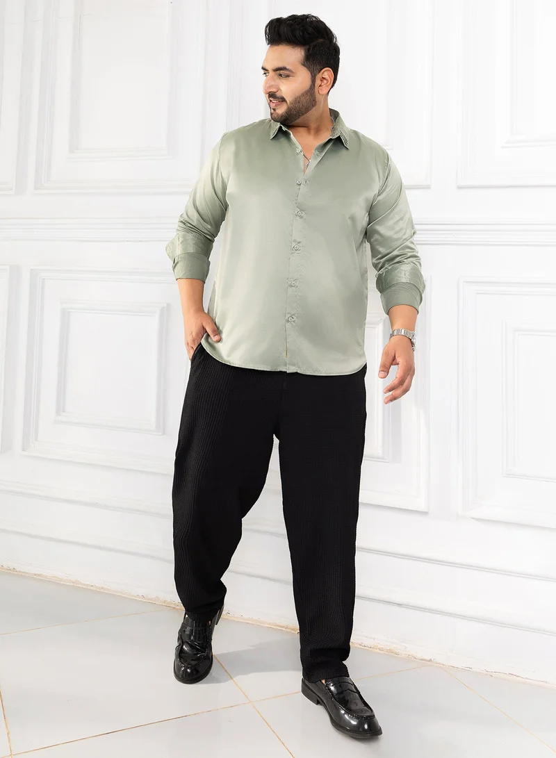 Instafab Plus  Instafab Plus Men's Sage Green Solid Satin Shirt For Casual Wear | Spread Collar | Long Cuffed Sleeves | Button Closure | Plus Size Shirt Crafted With Comfort Fit For Everyday Wear for Men | Best Price UAE