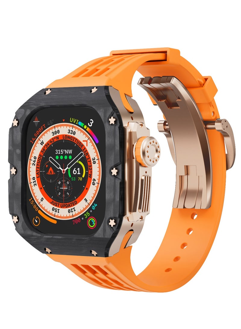 AROAQ Carbon Fiber Case For Apple Watch, 49mm Fluororubber Band Metal Bazel For Iwatch, Ultra Titanium Alloy Integrated Protective Case, (Carbon shell-rose titanium frame-orange tape) - Image 1