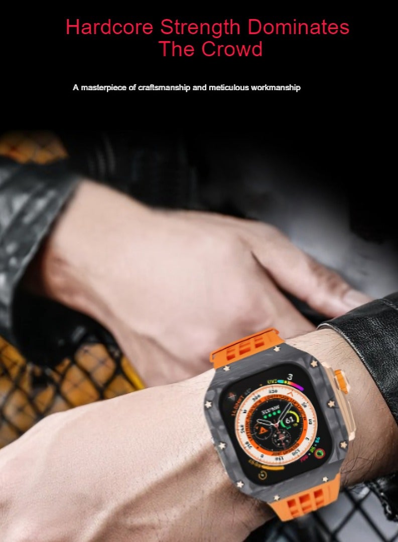 AROAQ Carbon Fiber Case For Apple Watch, 49mm Fluororubber Band Metal Bazel For Iwatch, Ultra Titanium Alloy Integrated Protective Case, (Carbon shell-rose titanium frame-orange tape) - Image 2
