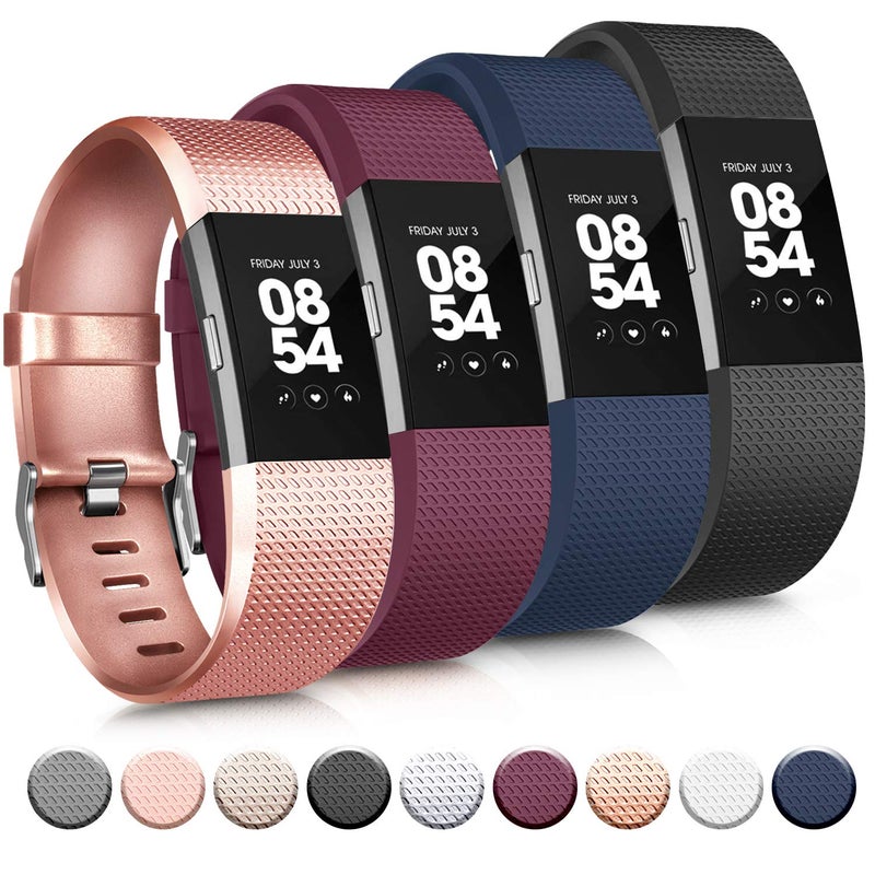 Tobfit 4 Pack Sport Bands Compatible with Fitbit Charge 2, Replacement Wristbands for Women Men, Small/Large (Small, Black/Rose Gold/Wine Red/Blue) - Image 1